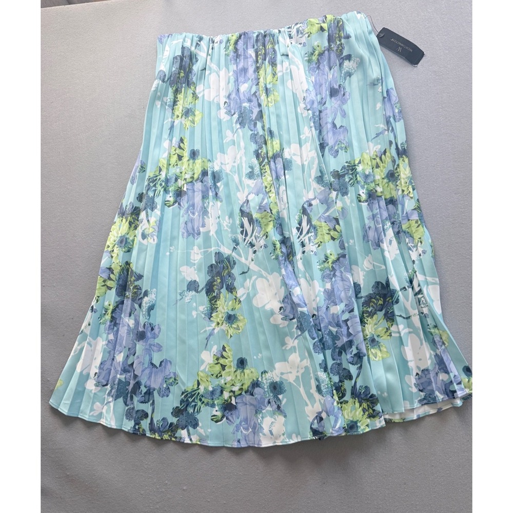 Worthington‎ Blue Floral Pleated Midi Skirt Elastic Waist Size Large NEW